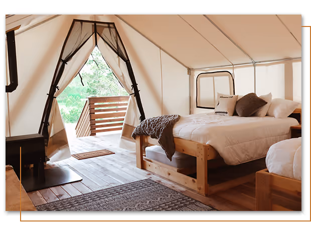 inside of Poplars Edge glamping tent at Buffalo Ridge Camp Resort in Custer, SD