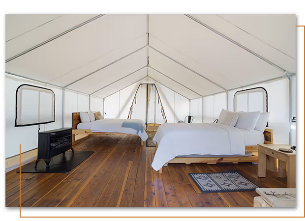 inside Sweet Escape glamping tent at Buffalo Ridge Camp Resort in Custer, SD