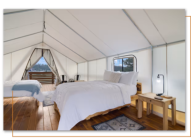 inside Sweet Escape glamping tent at Buffalo Ridge Camp Resort in Custer, SD