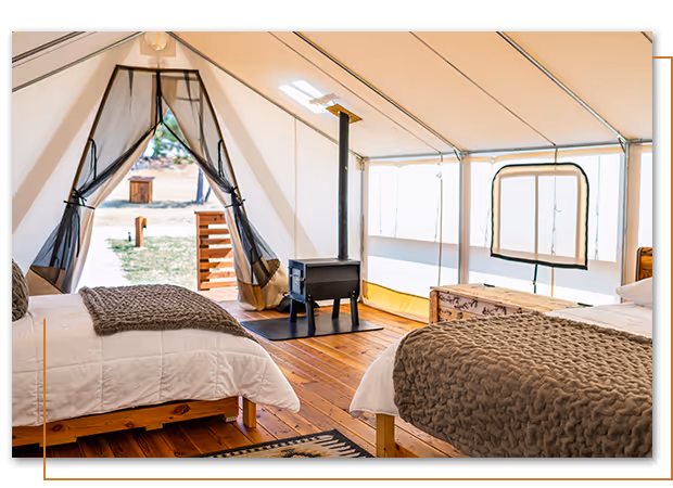 inside of Pleasant Valley glamping tent at Buffalo Ridge Camp Resort in Custer, SD