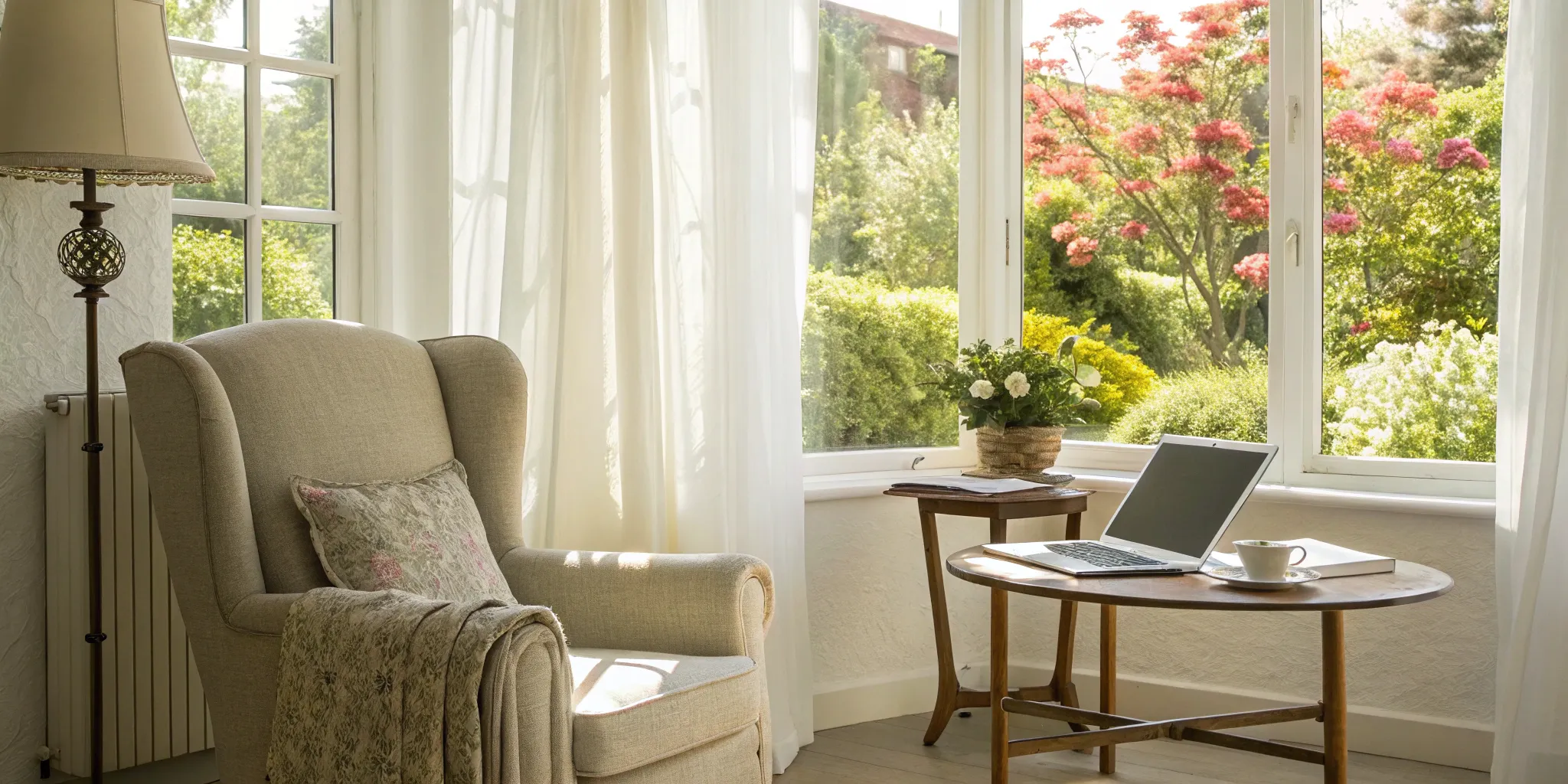 A laptop on a table in a living room, used to find how to get a home repair loan with bad credit.