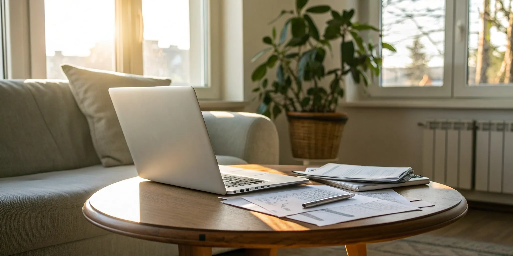 A table with a laptop and papers for consolidating debt with a home equity loan.