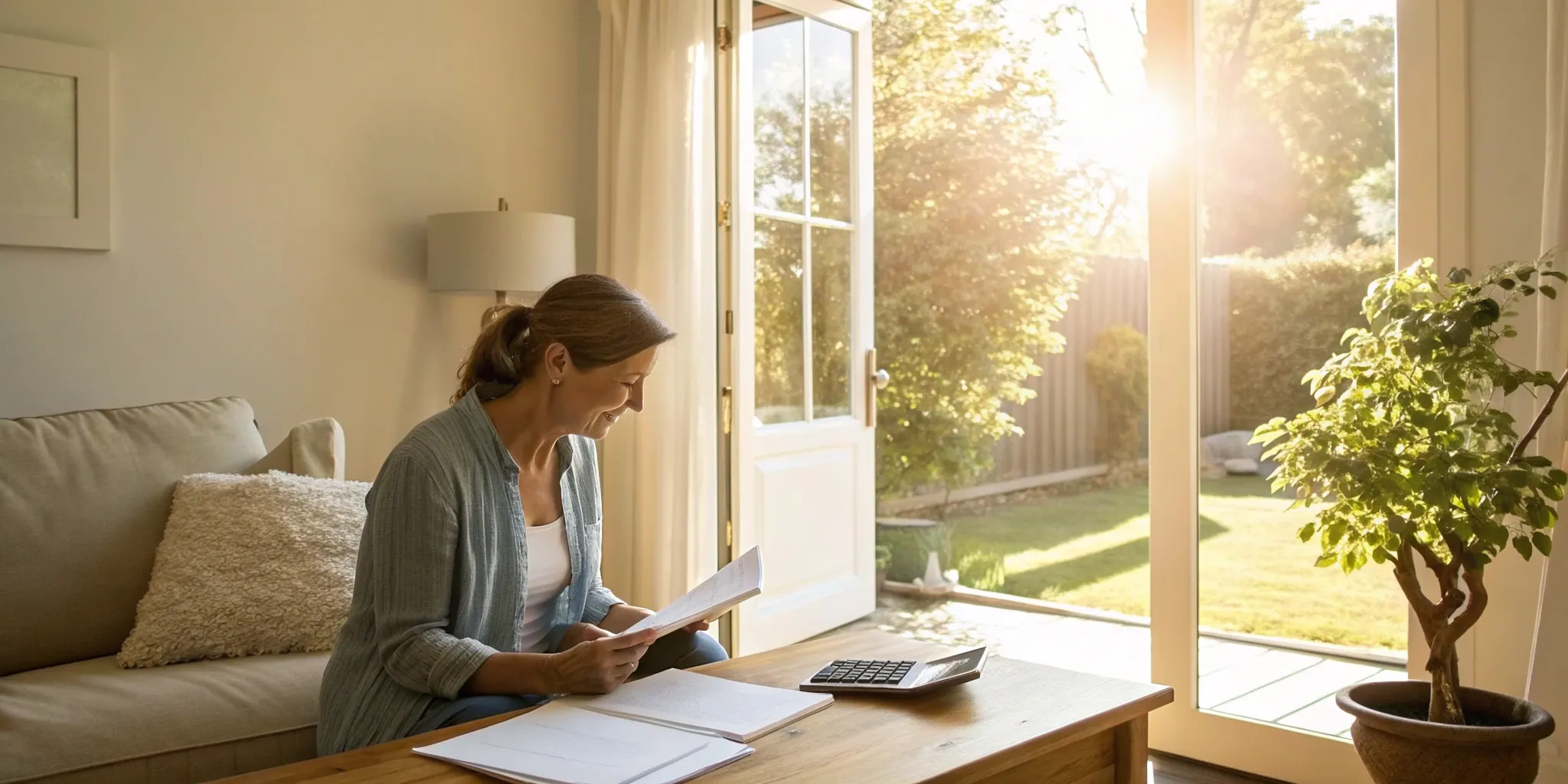 Woman with a calculator considering how a second mortgage works for debt consolidation.
