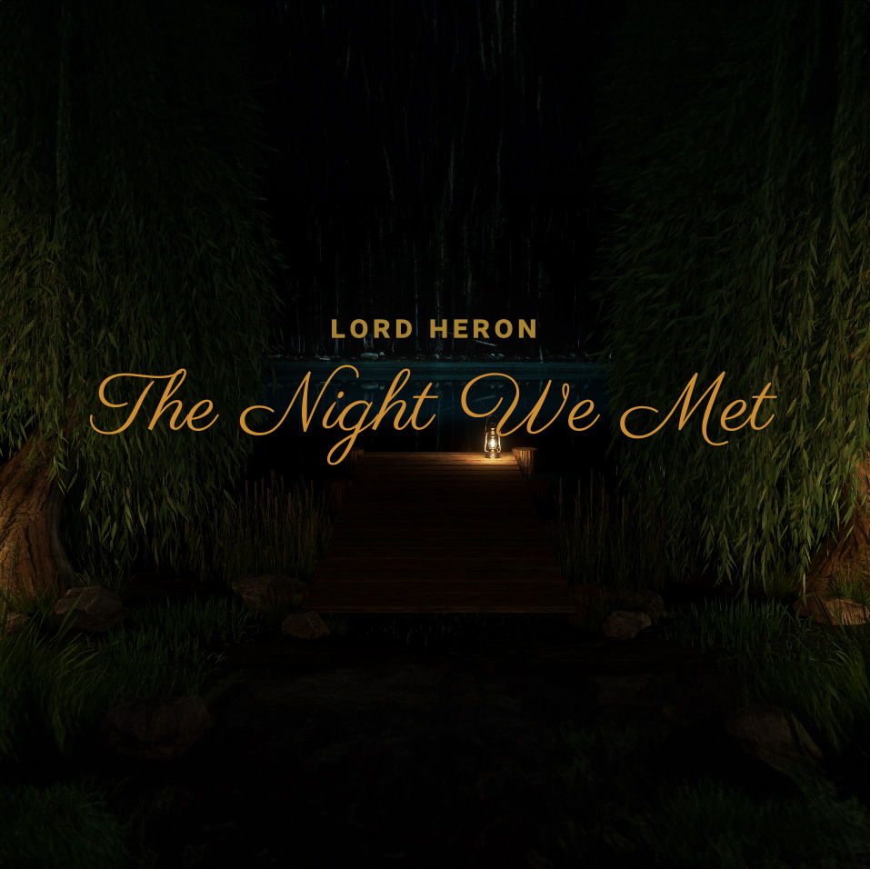 A scene of a dock with a glowing lantern on it at night with willow trees and a path dimly illuminated by firelight. There is a lake in the background.