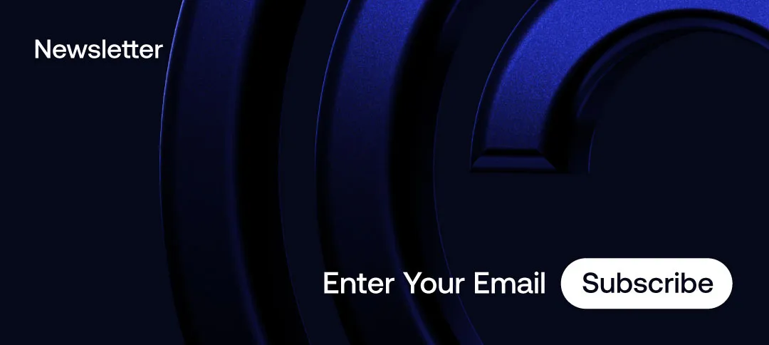 Dark blue background with concentric circular patterns and white text prompting to enter an email and subscribe to a newsletter.
