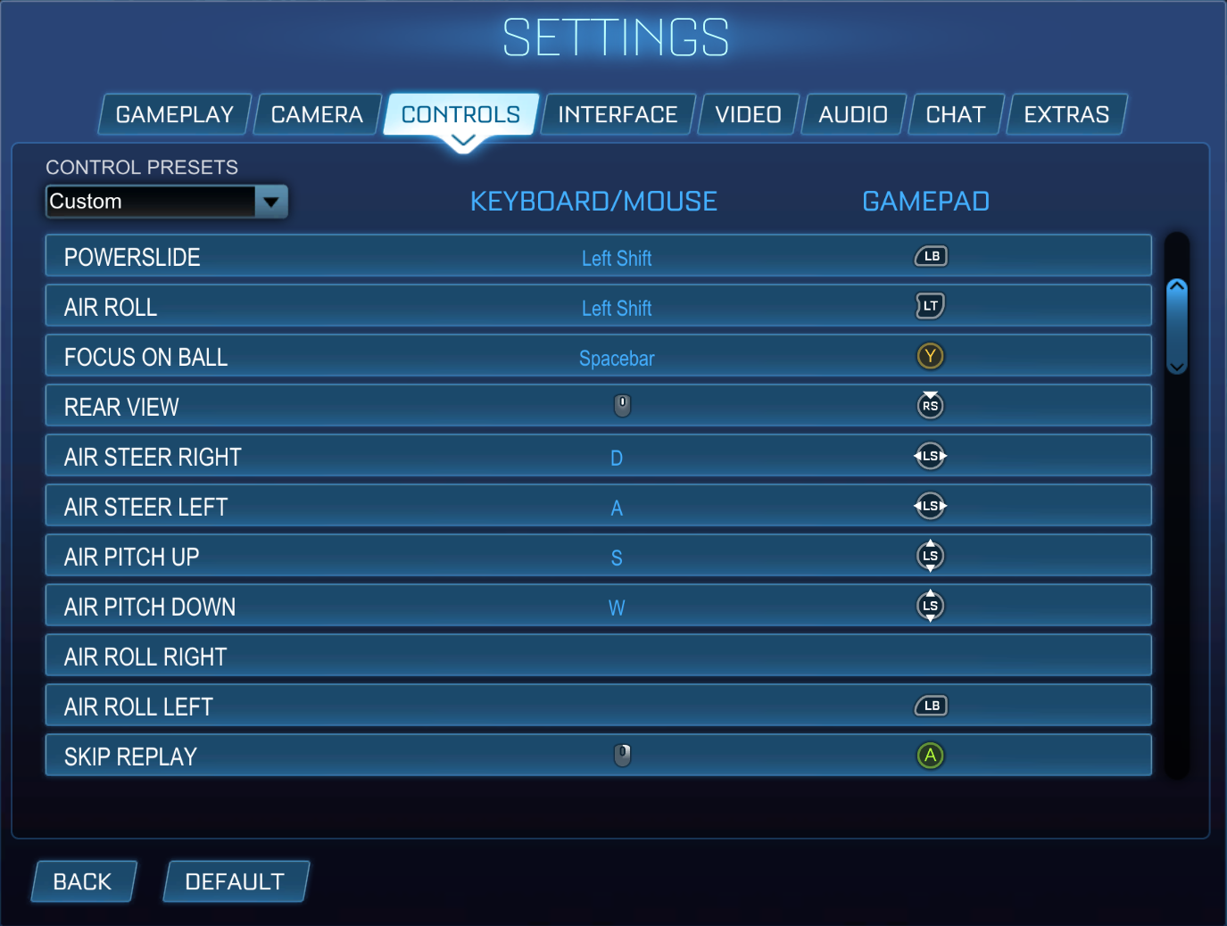 Screenshot of Controls tab on the Settings page in Rocket League