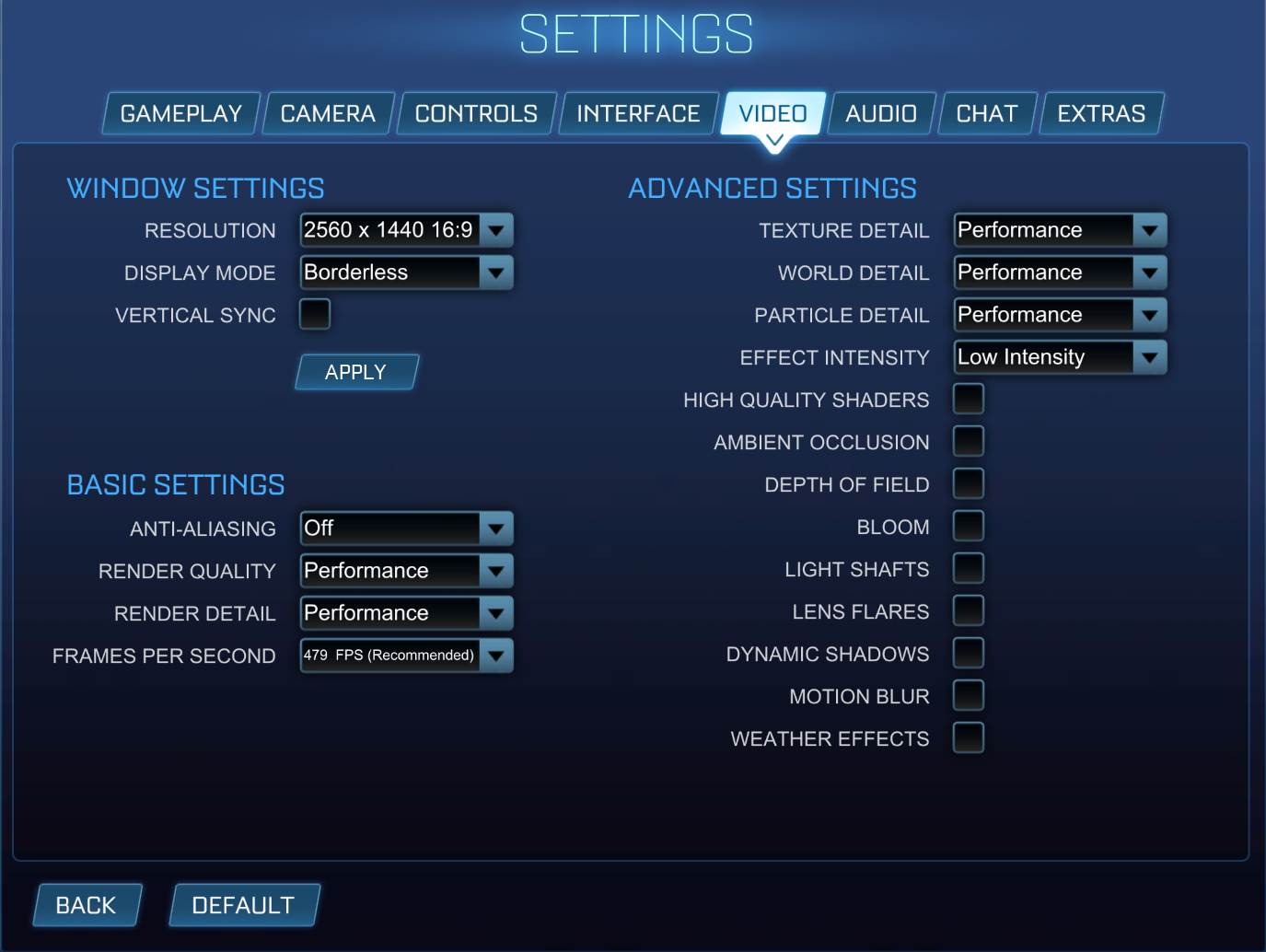 Screenshot of Video tab on the Settings page in Rocket League