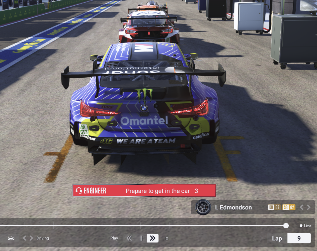 Back view of three LMU cars lined up on track