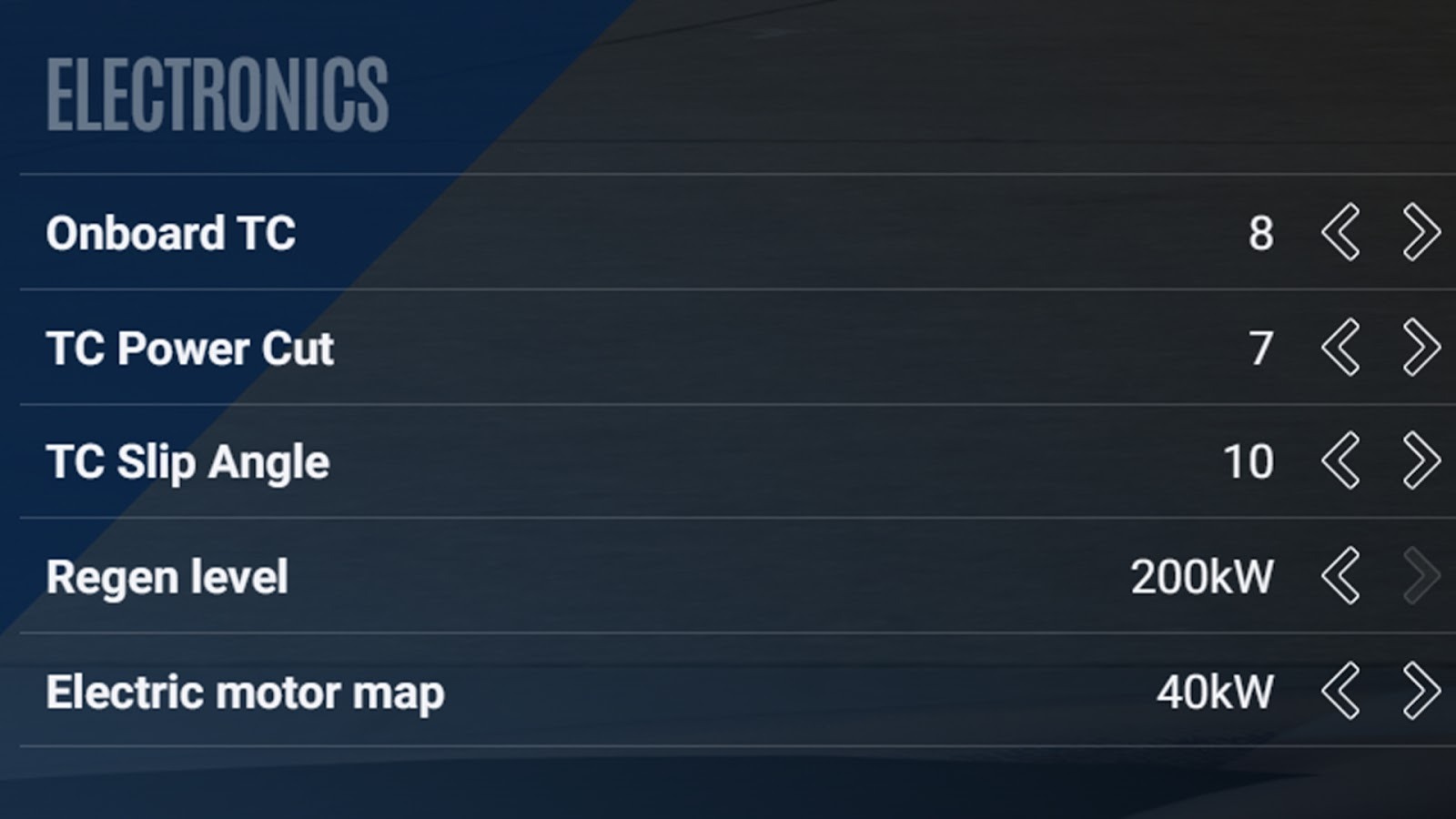 In-game electronics setup menu showing traction control settings, regen level at 200kW, and electric motor map at 40kW.