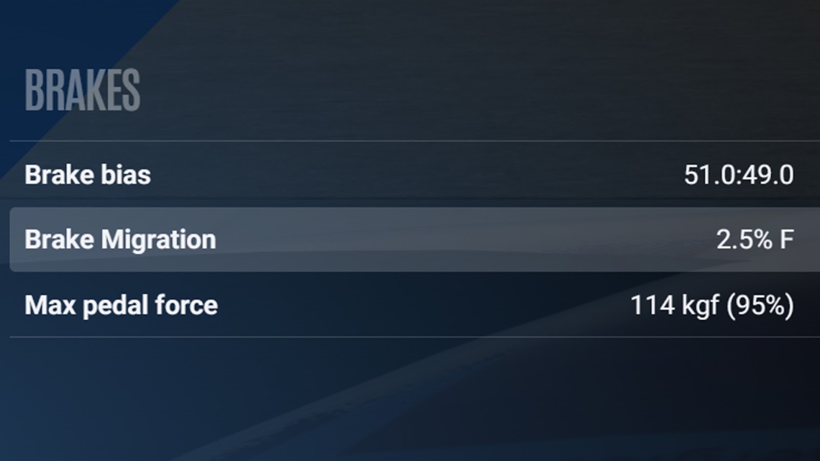 Braking setup screen displaying brake bias at 51:49, brake migration set to 2.5% forward, and maximum pedal force settings.
