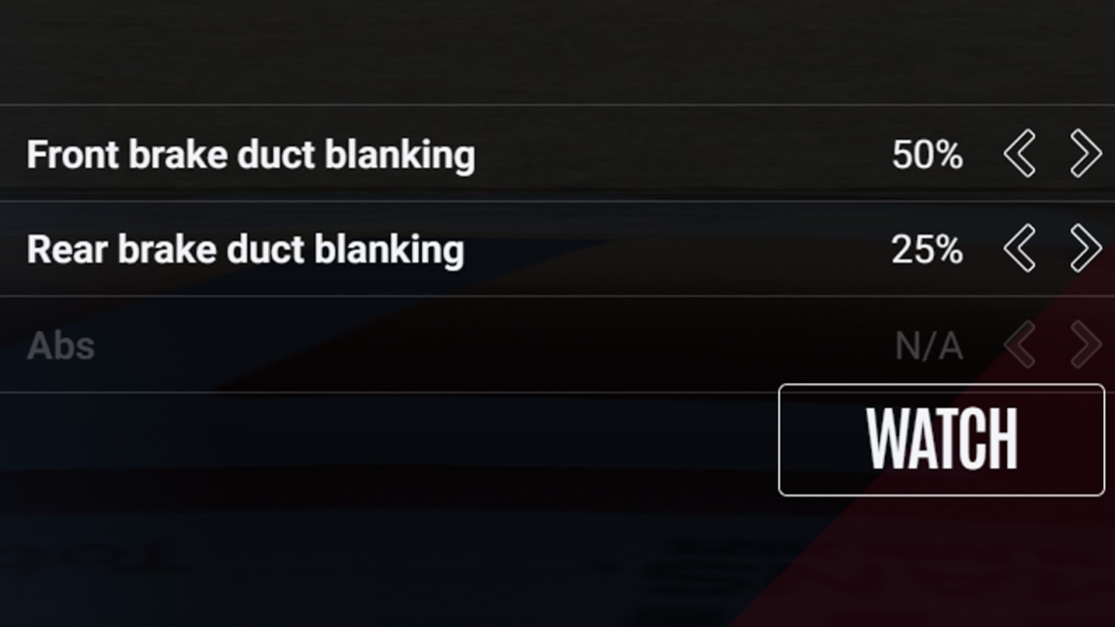 Brake configuration menu showing front and rear brake duct blanking values, with adjustment controls and interface elements visible.