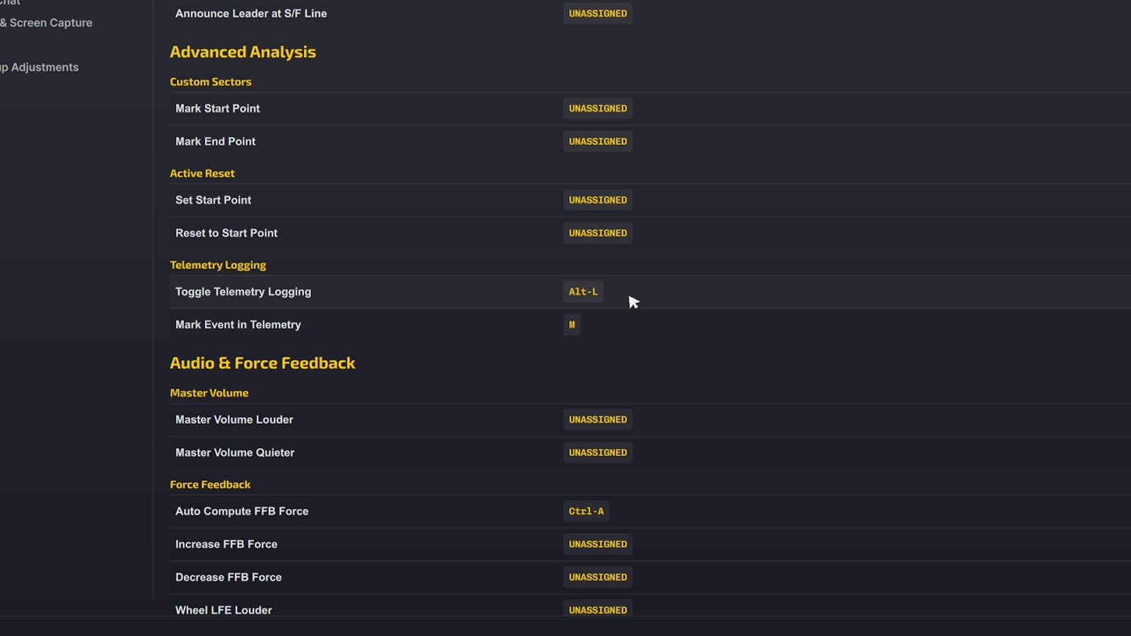 iRacing settings menu showing key bindings, including the option to toggle telemetry logging.