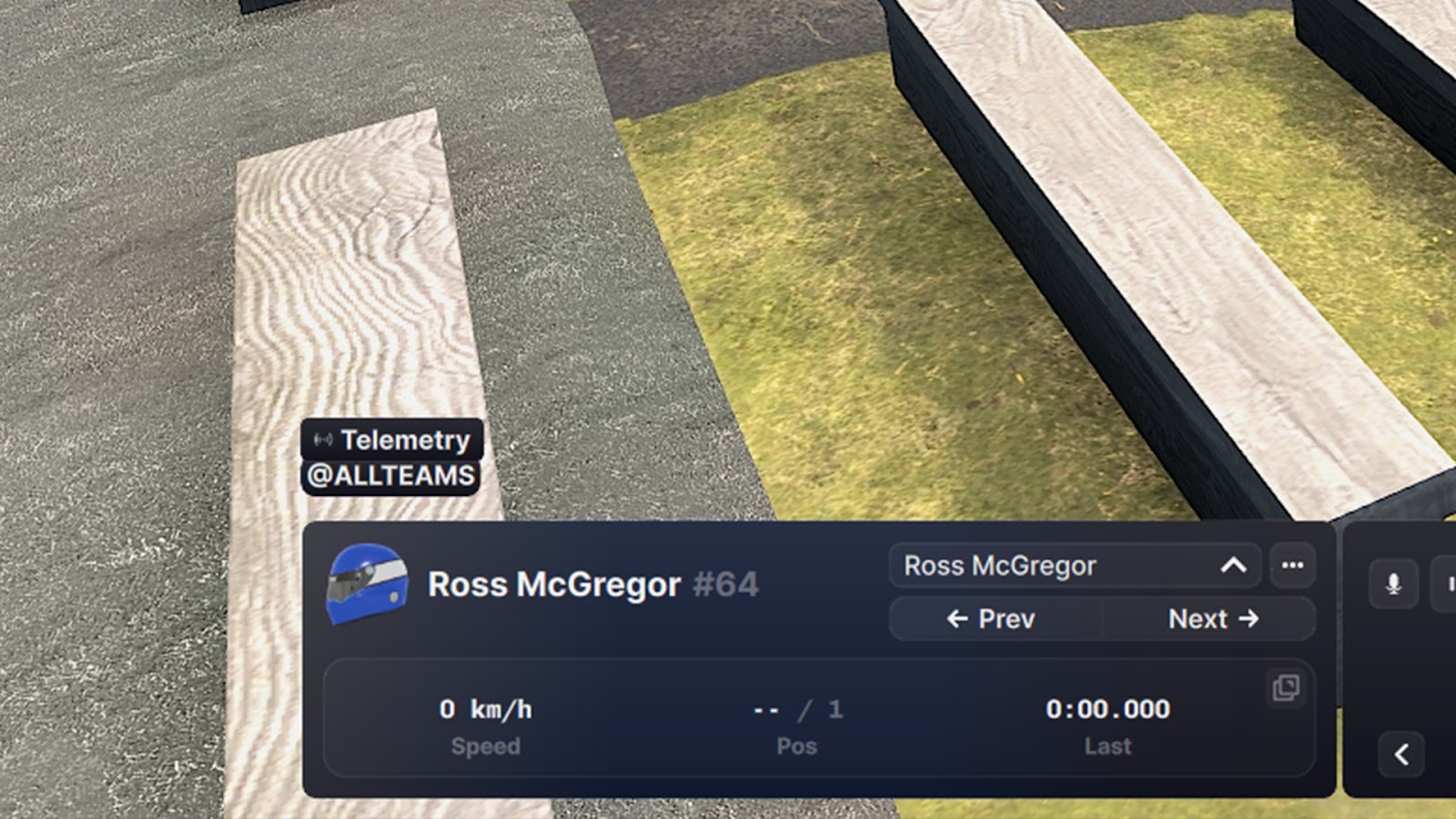 iRacing gameplay view with telemetry overlay enabled, showing driver name, speed, and session data on screen.