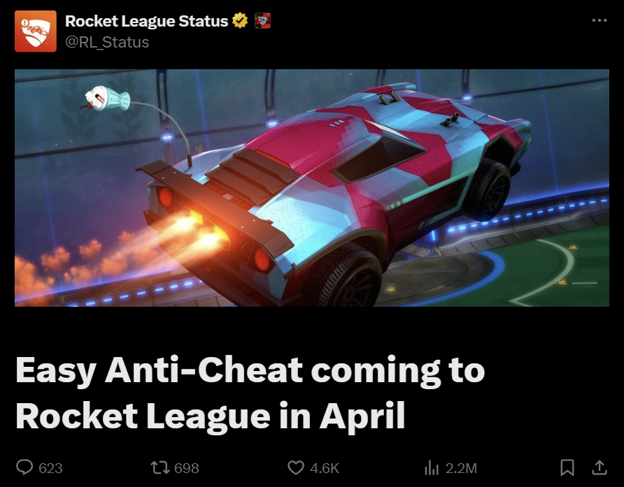 Rocket League Status post announcing “Easy Anti-Cheat coming to Rocket League in April” .