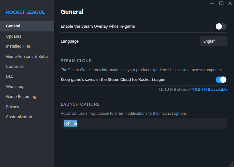 Steam Rocket League properties window showing launch options set to “-offline” under the General tab.