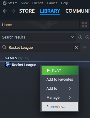 Steam Library showing Rocket League selected with the context menu open and “Properties” highlighted.