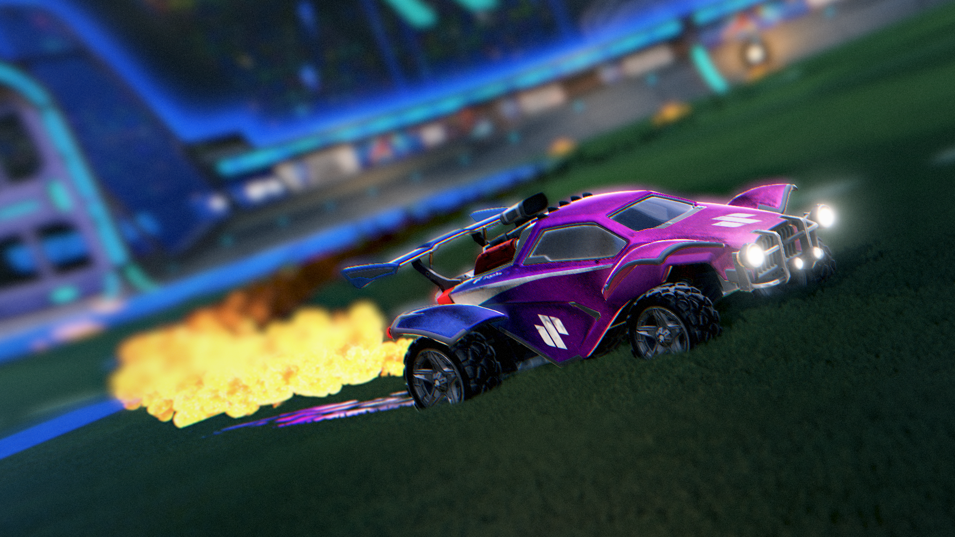 Rocket League car boosting across the field with flames trailing behind, captured in a dynamic in-game action shot.