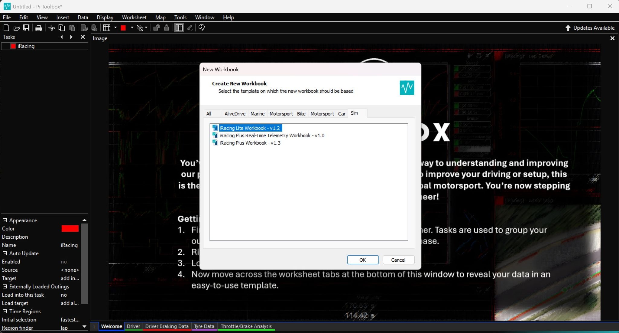 Pi Toolbox interface displaying the “Create New Workbook” window for loading telemetry data.