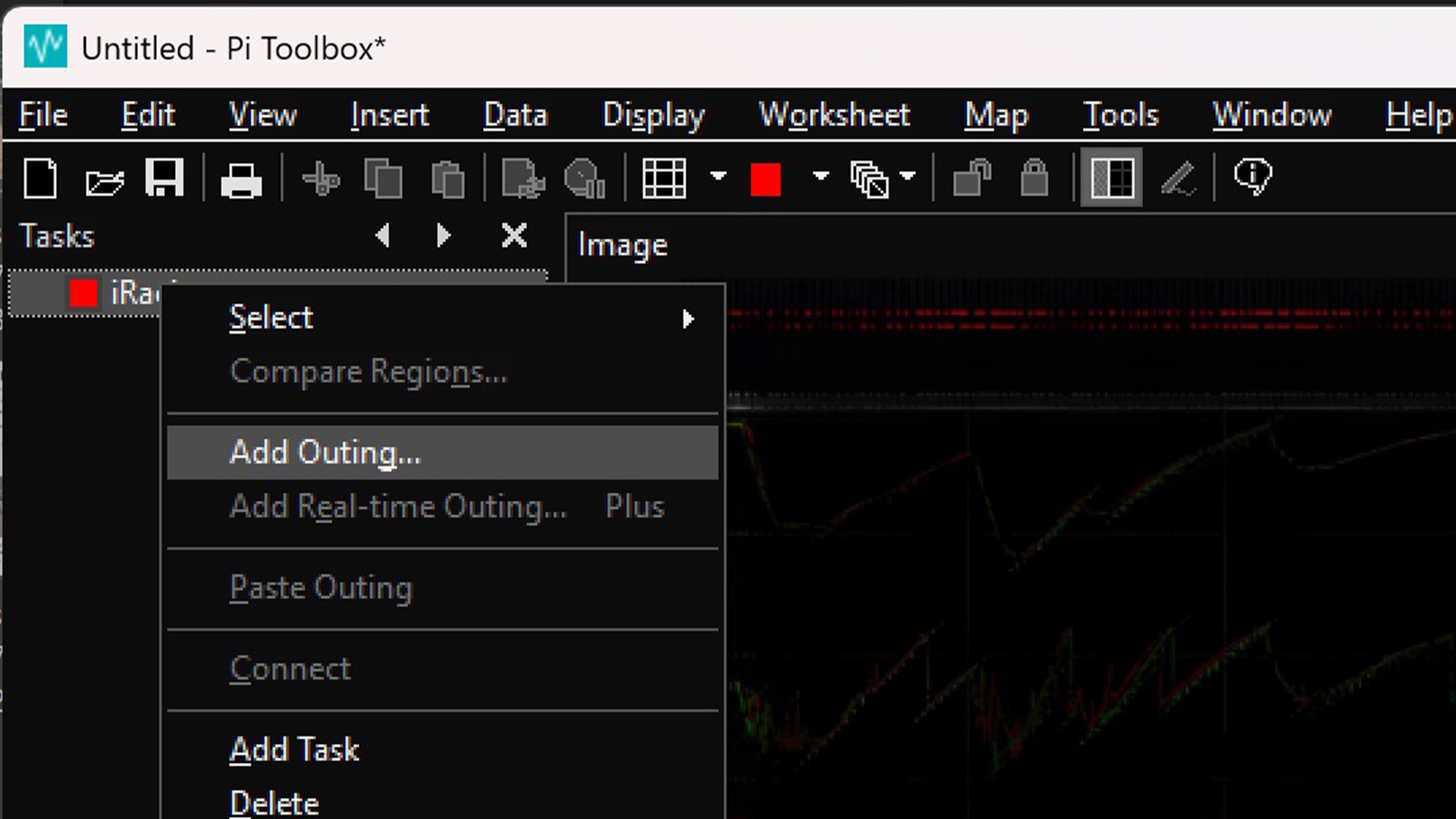 Pi Toolbox menu with the “Add Outing” option selected to import telemetry files.