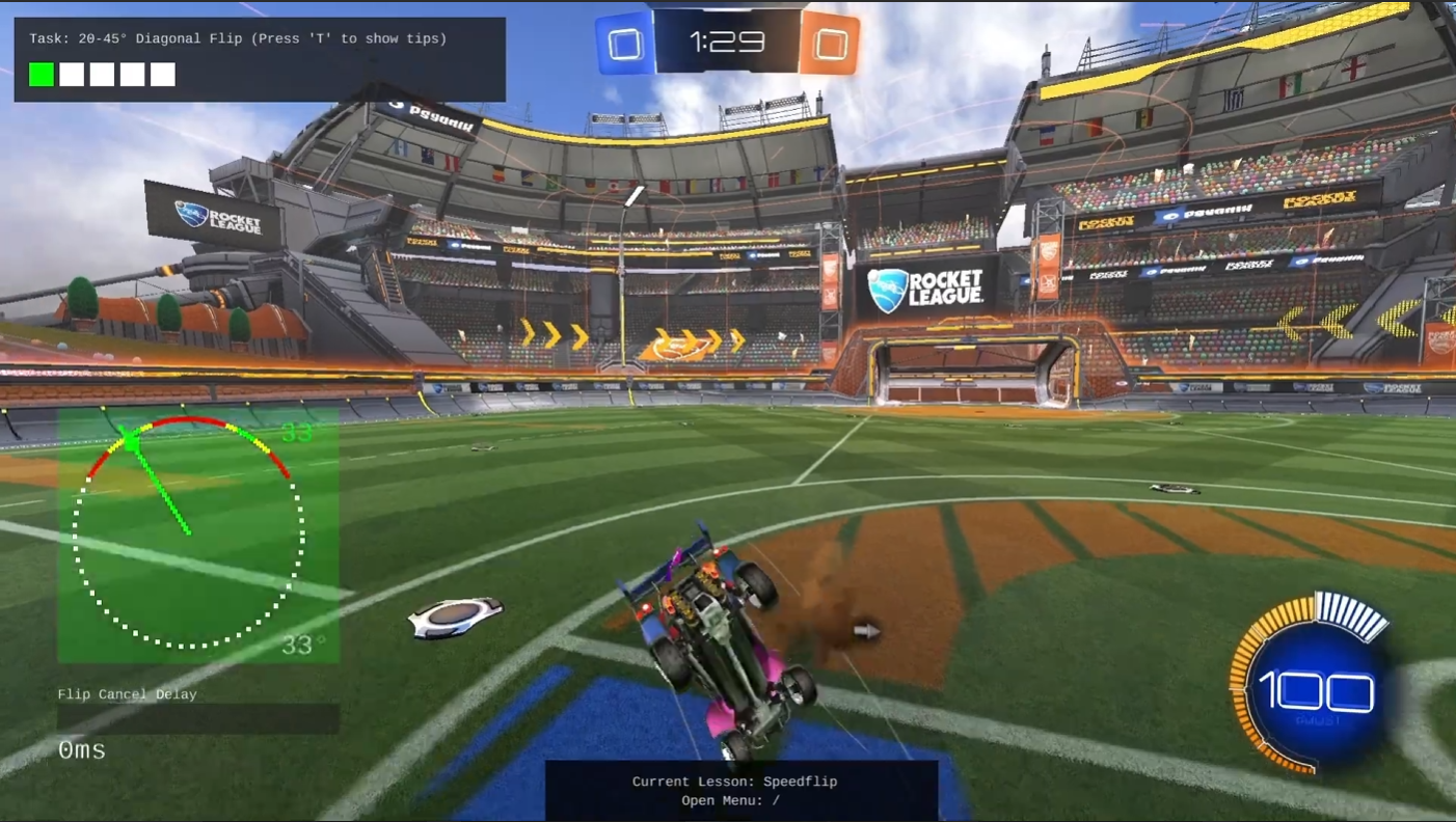 Diagonal flip angle on kickoff in Rocket League, showing the 20 to 45 degree window