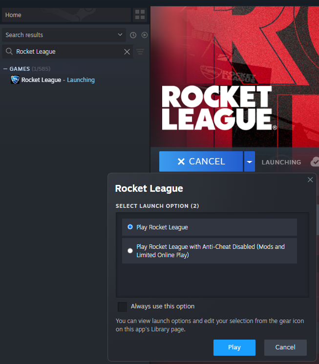 Steam Library showing Rocket League selected with the context menu open and “Properties” highlighted.