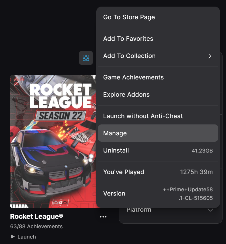 Epic Games Launcher settings for Rocket League