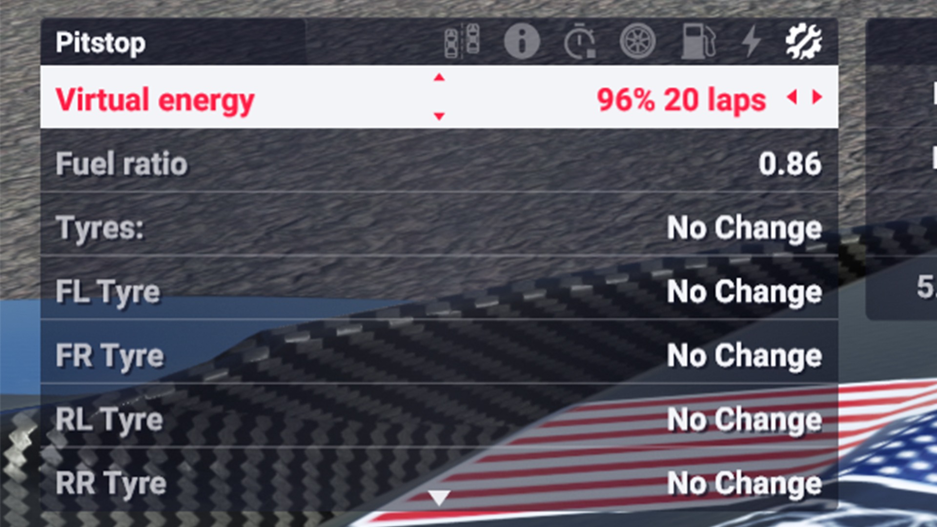 Le Mans Ultimate pit stop menu showing virtual energy settings.