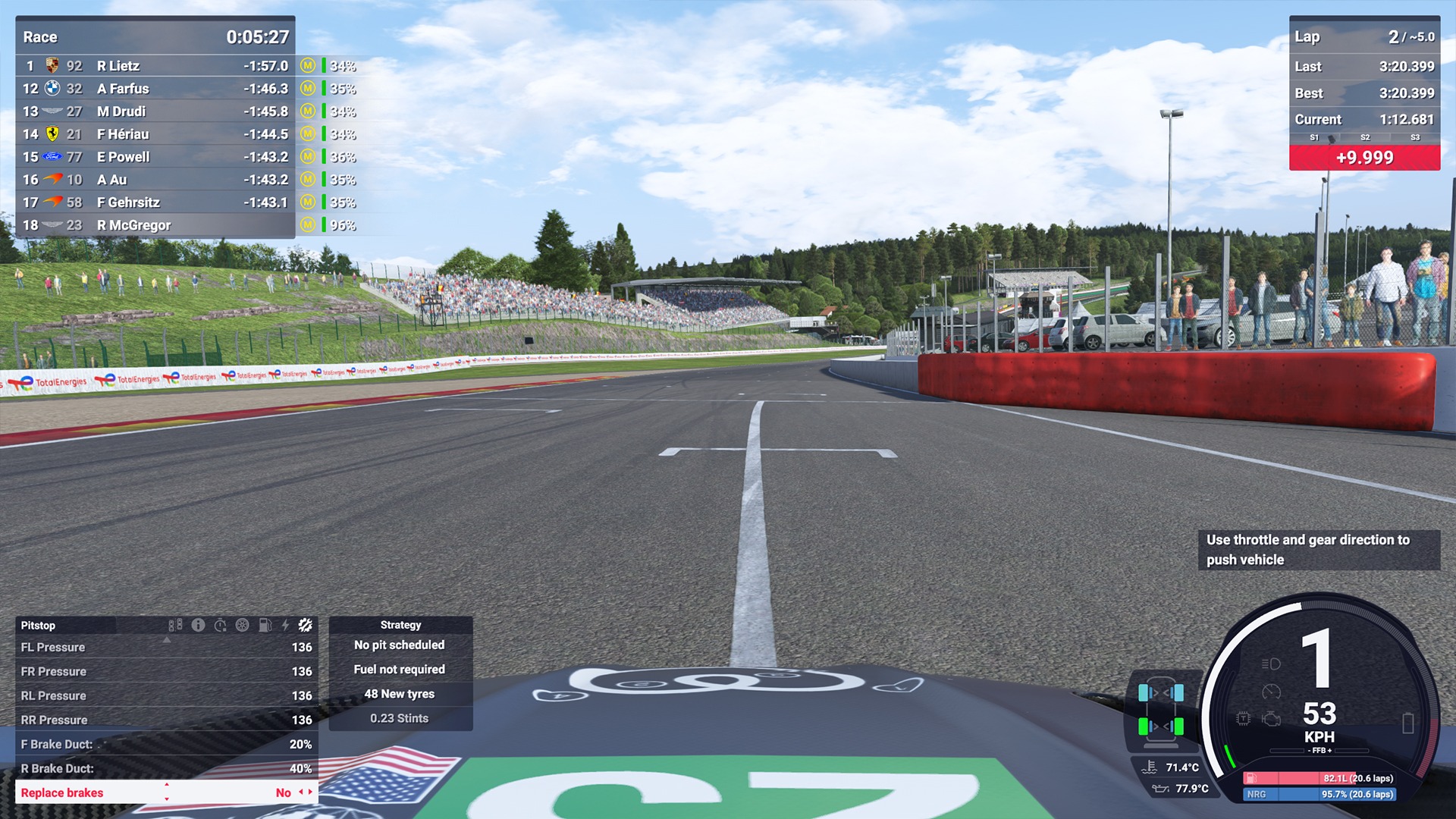 Le Mans Ultimate cockpit view showing pit stop settings for tyre pressures, brake duct adjustments, and brake replacement options 