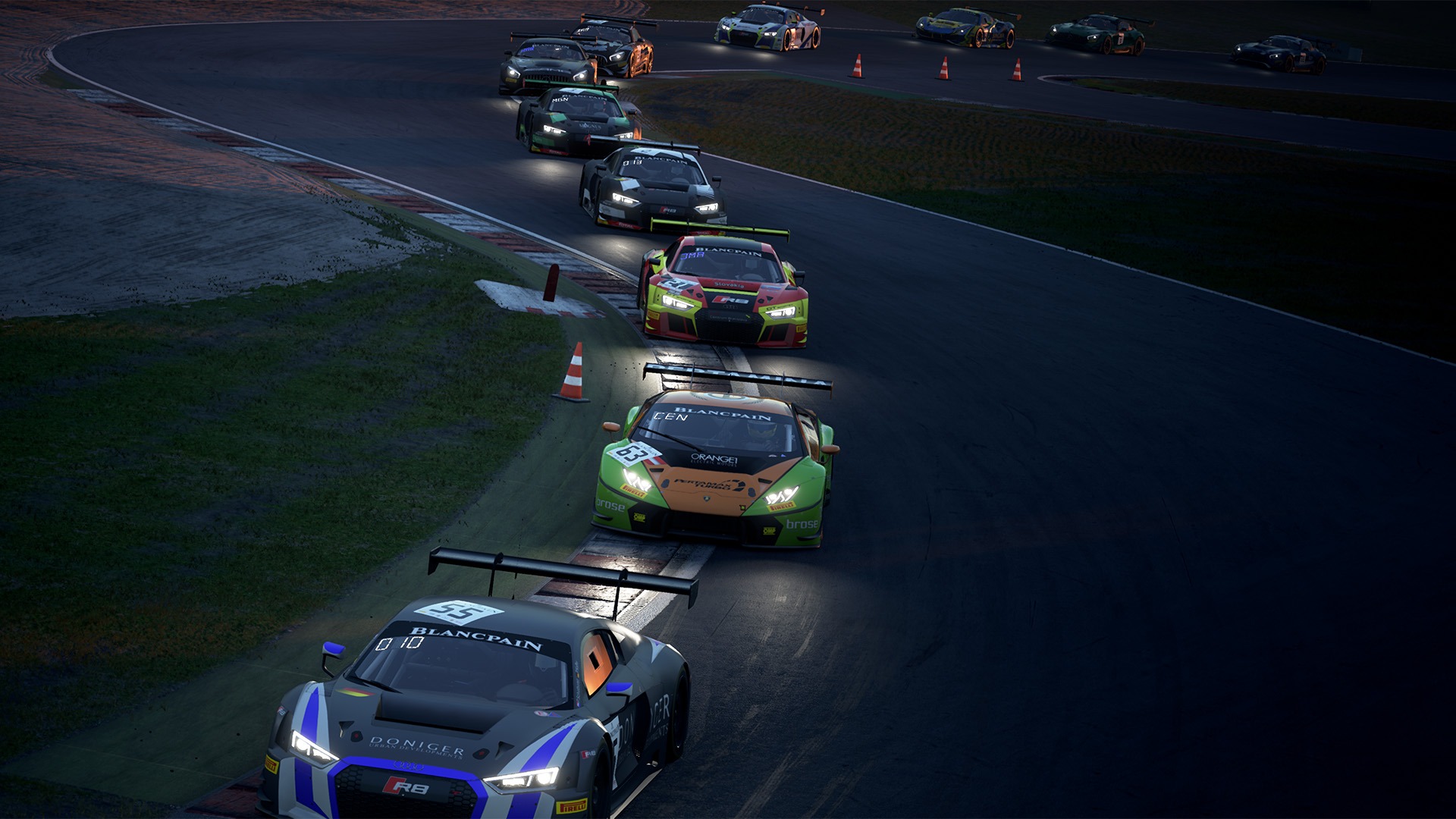 GT3 cars racing at night in Assetto Corsa Competizione