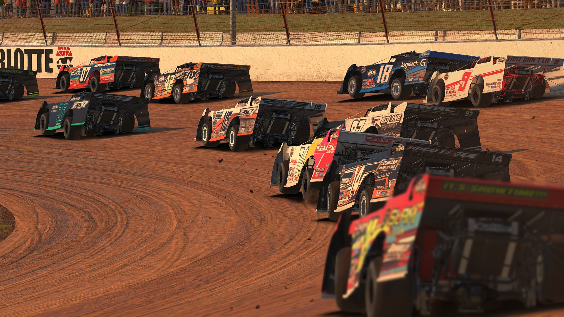 Dirt Late Model race cars competing on an oval track in iRacing
