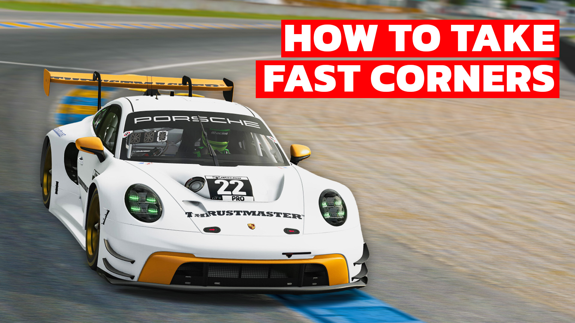 Porsche GT3 sim racing car taking a fast corner