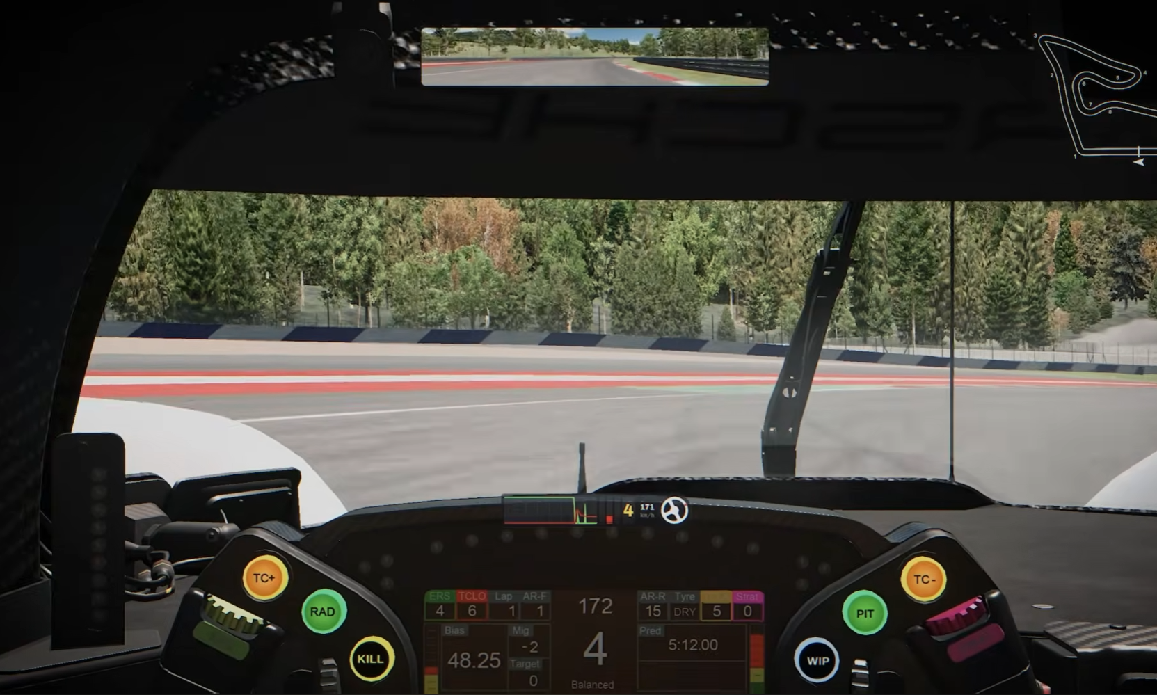 Cockpit view of a sim racing car approaching a fast corner