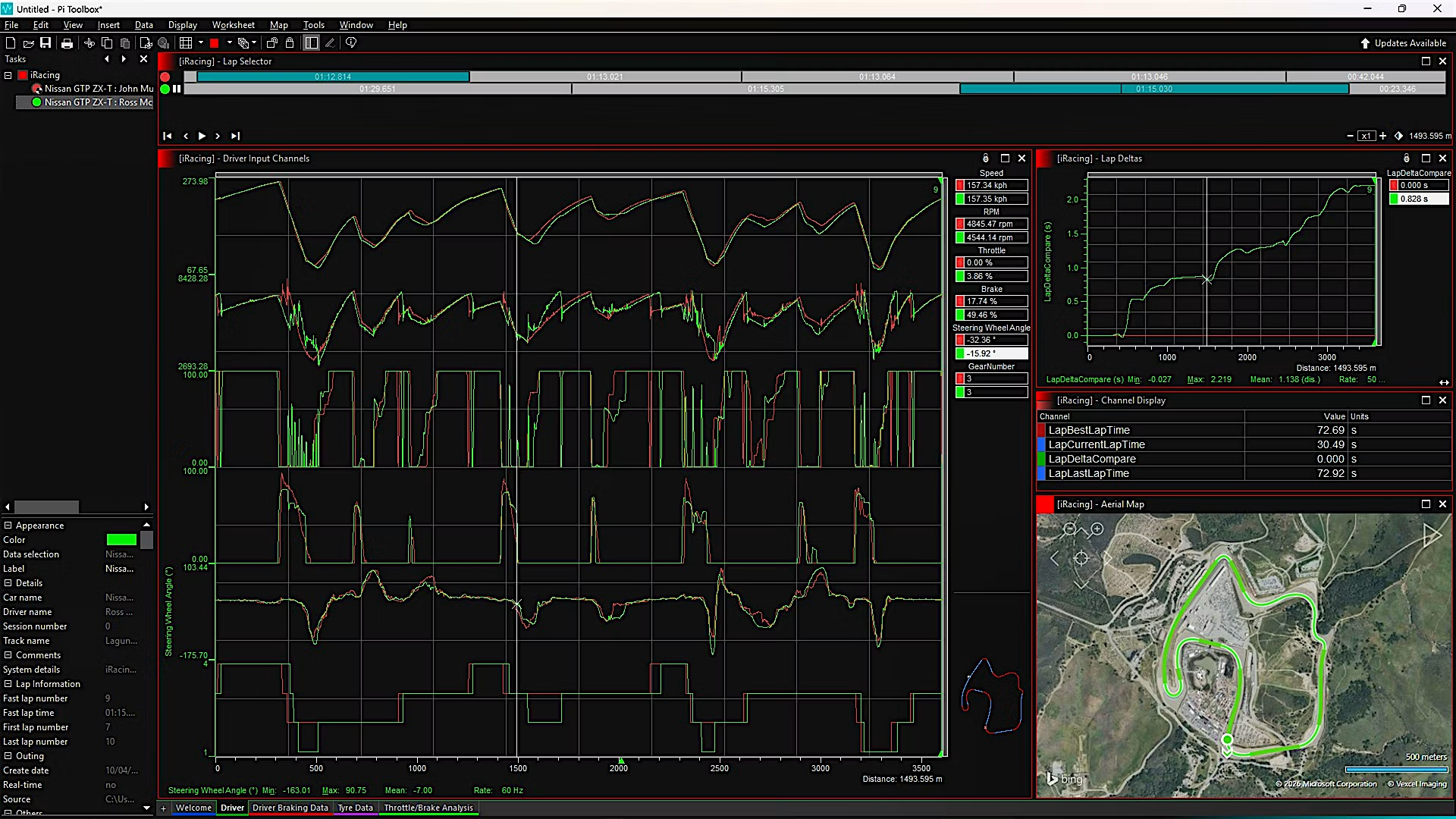 iRacing telemetry comparing two laps using speed, throttle, brake and steering data