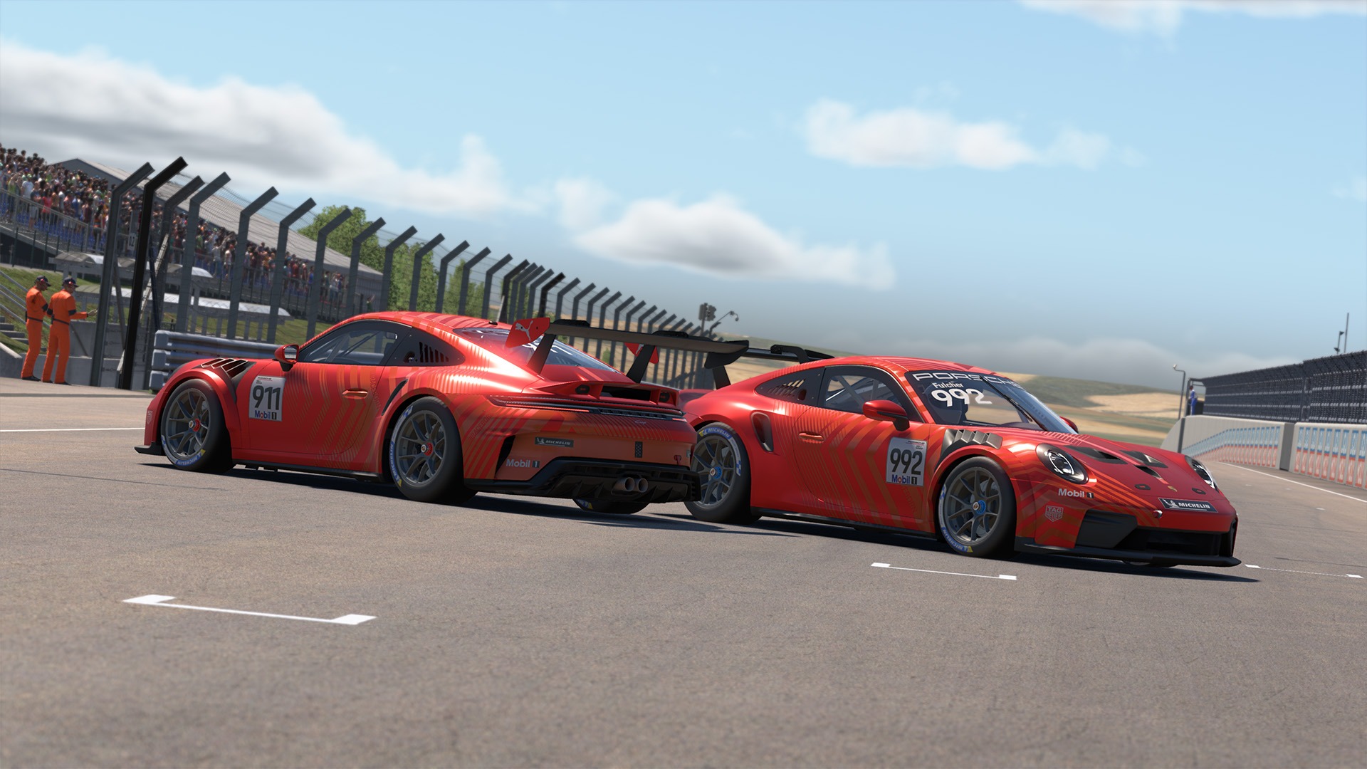 Two Porsche 911 Cup 992.2 cars racing in iRacing