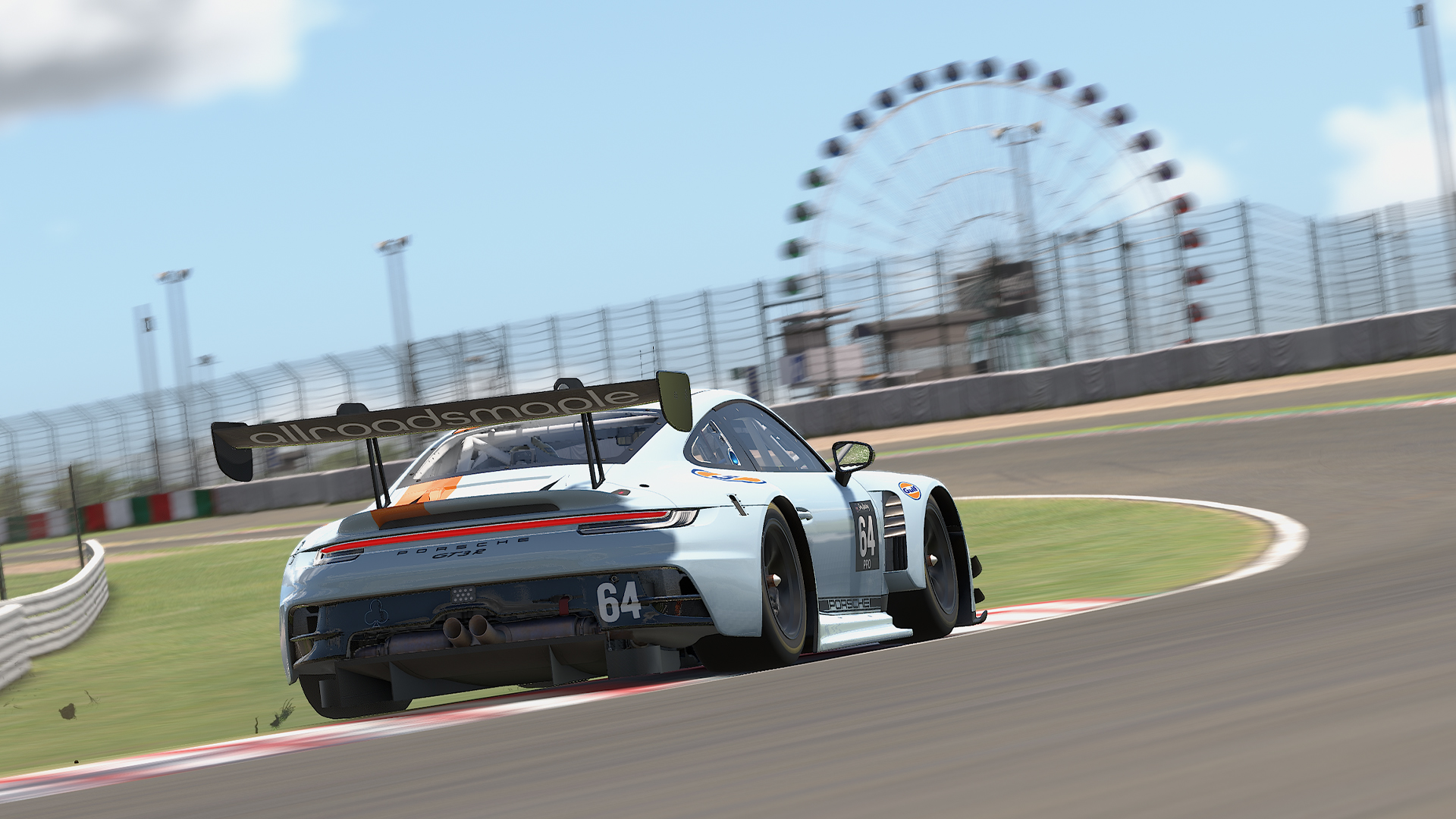 Porsche 911 GT3 R racing through Suzuka Circuit in iRacing