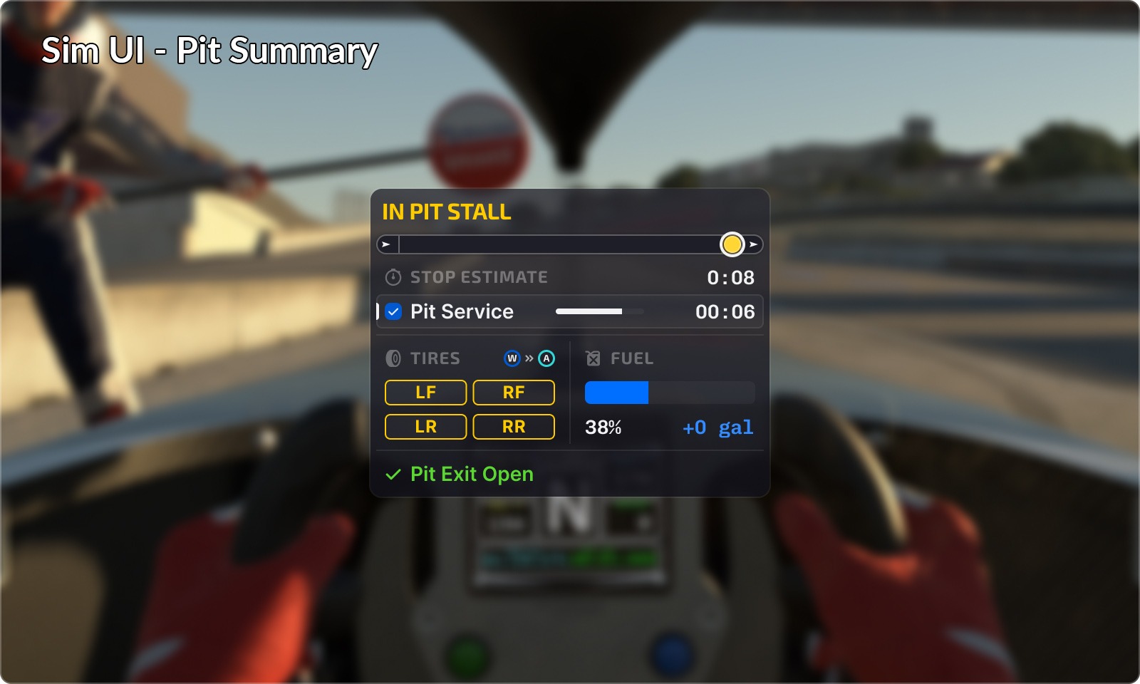 iRacing Season 4 pit summary HUD showing pit service and damage information