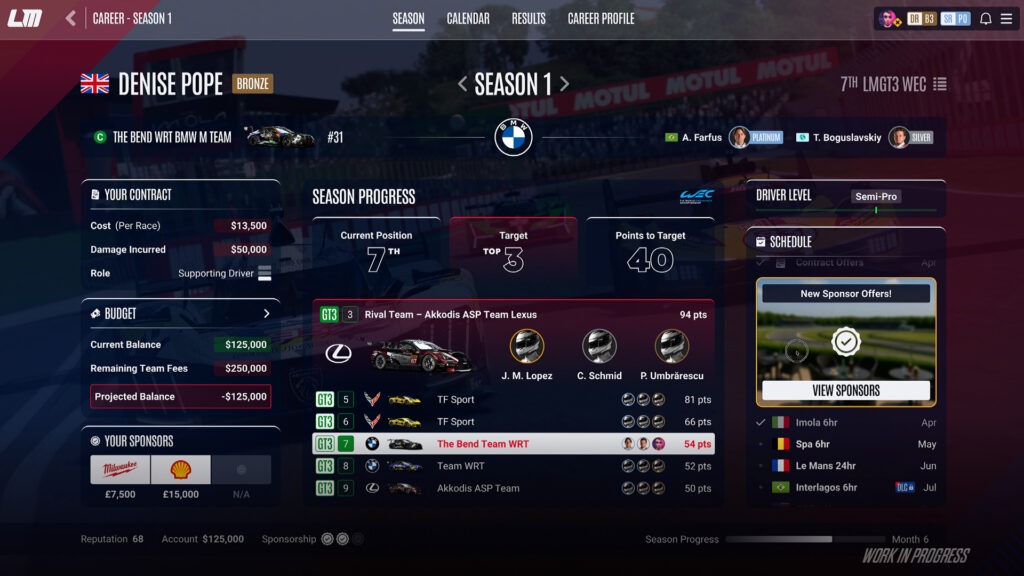 Le Mans Ultimate single-player career mode interface