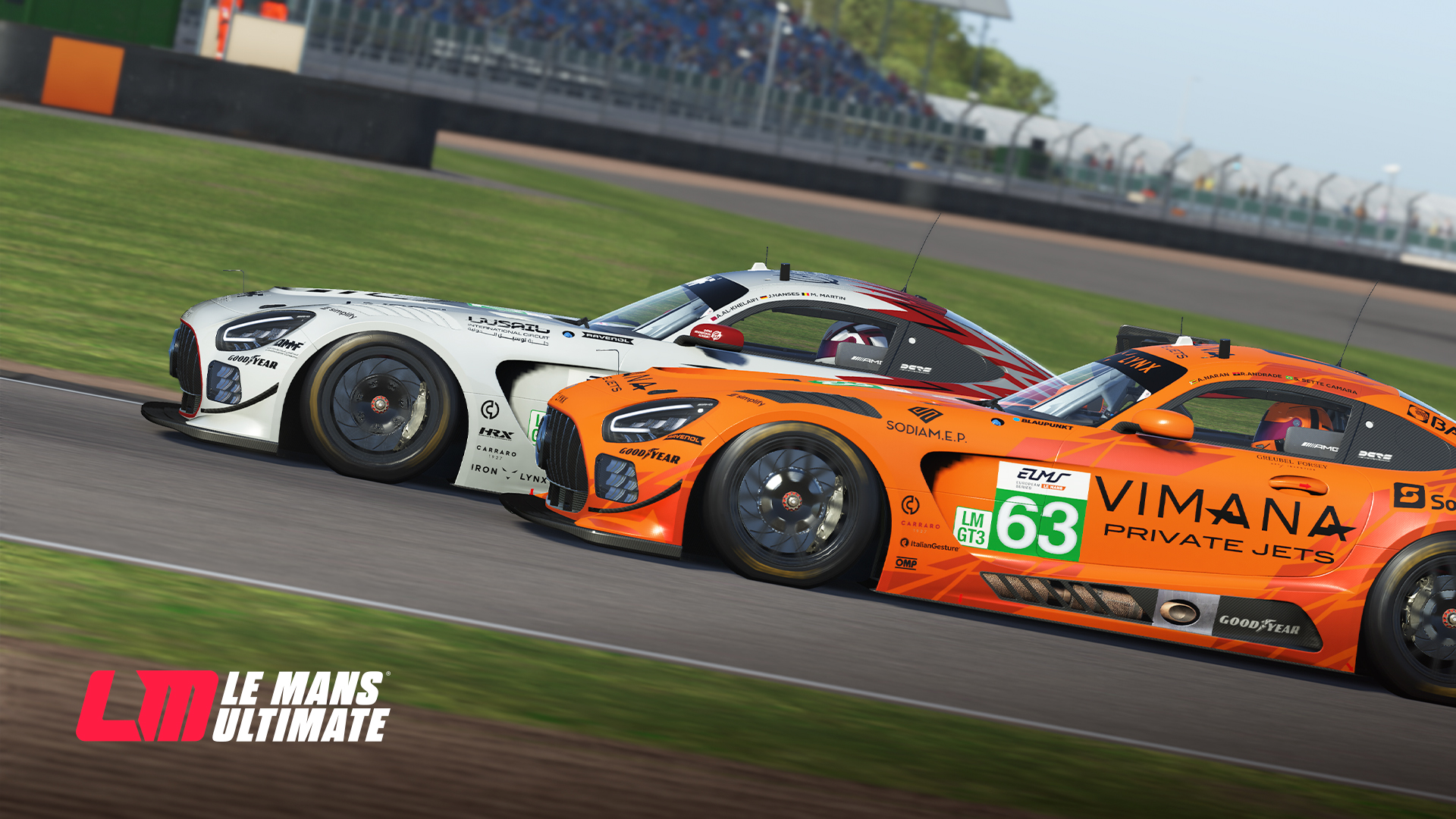 Two Mercedes-AMG LMGT3 cars racing side by side in Le Mans Ultimate