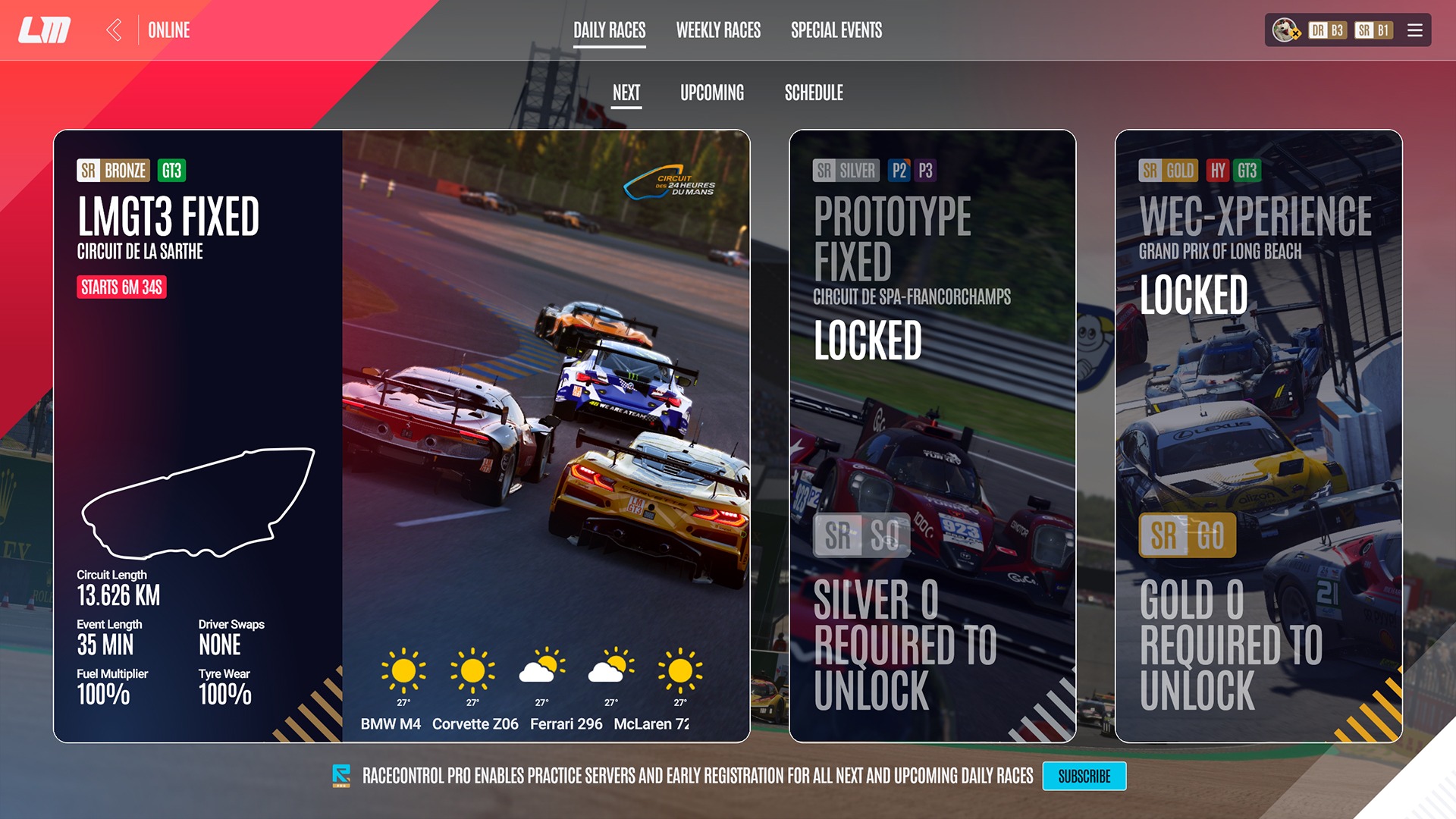 Le Mans Ultimate Daily Races menu showing Beginner, Intermediate and Advanced events
