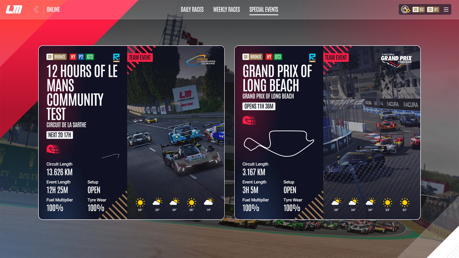 Le Mans Ultimate Special Events menu showing endurance and team races