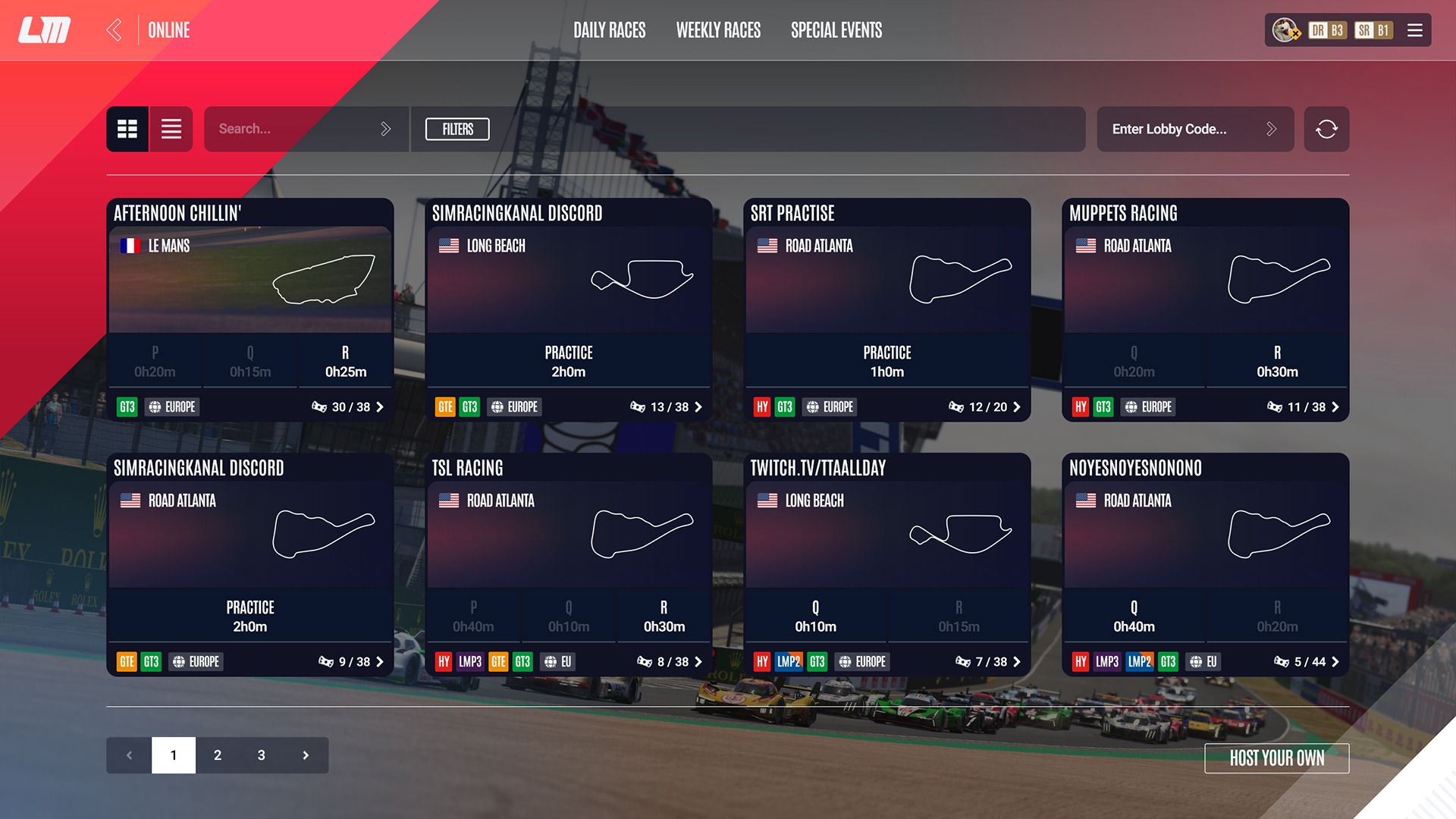 Le Mans Ultimate hosted servers menu showing community multiplayer races