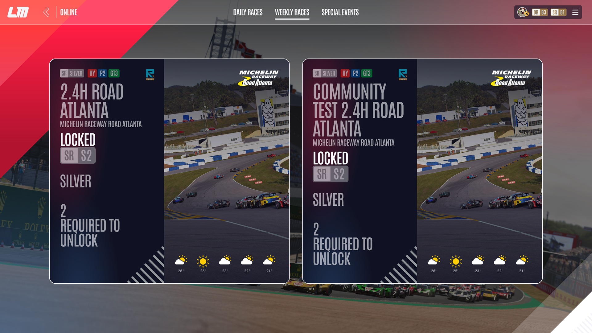 Le Mans Ultimate Weekly Races menu showing multiclass endurance events