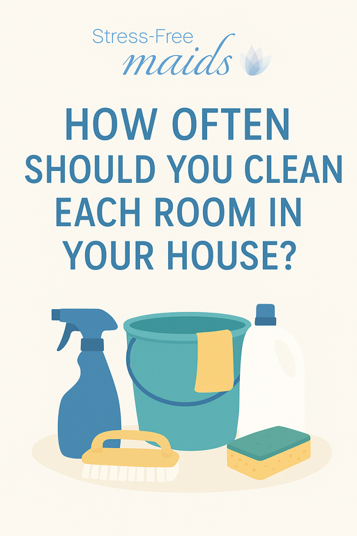Infographic by Stress-Free Maids showing how often to clean each room in a house, including kitchen, bathroom, bedroom, and living areas.