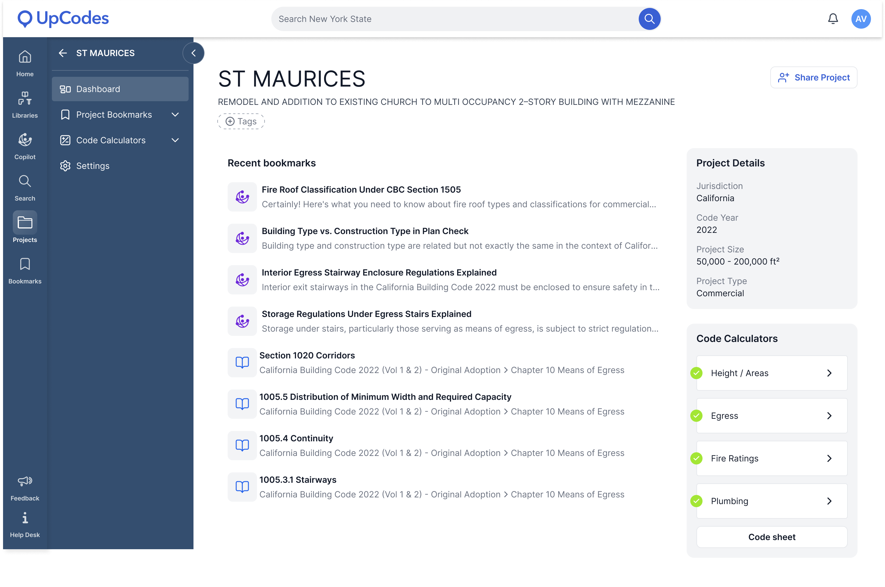 Screenshot of Obelisk Architect's UpCodes project dashboard for a church project.