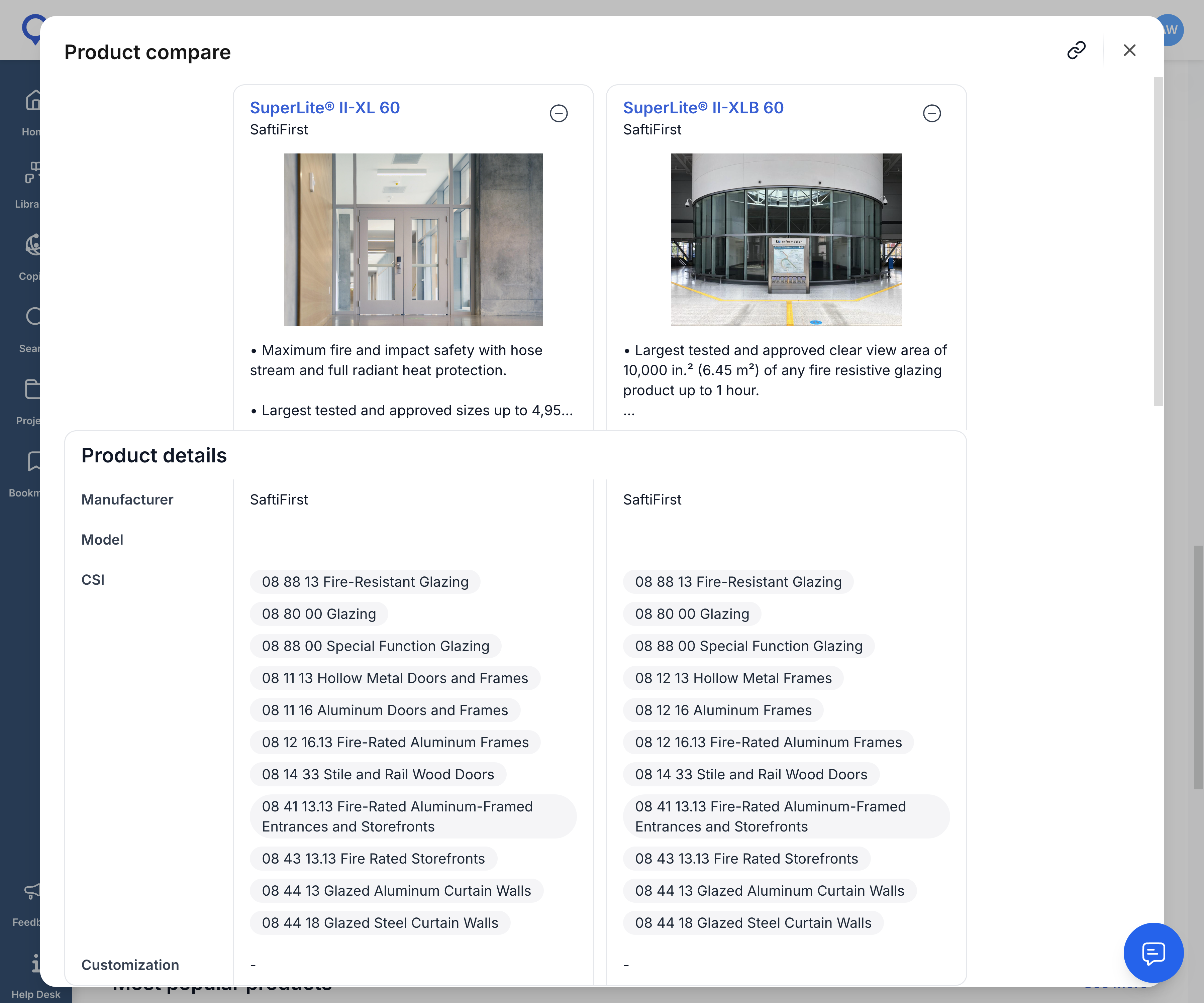 Screenshot of UpCodes' product comparison feature with SaftiFirst products
