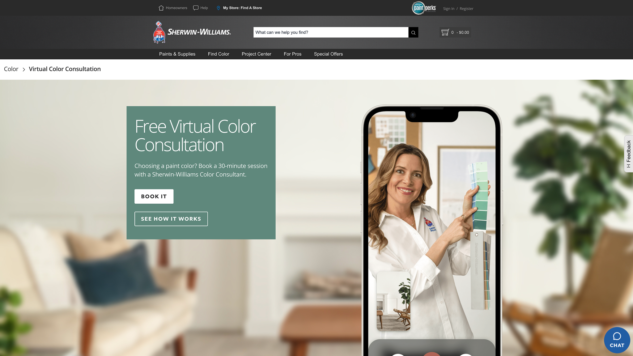 Screenshot of Sherwin-Williams virtual color consultation page