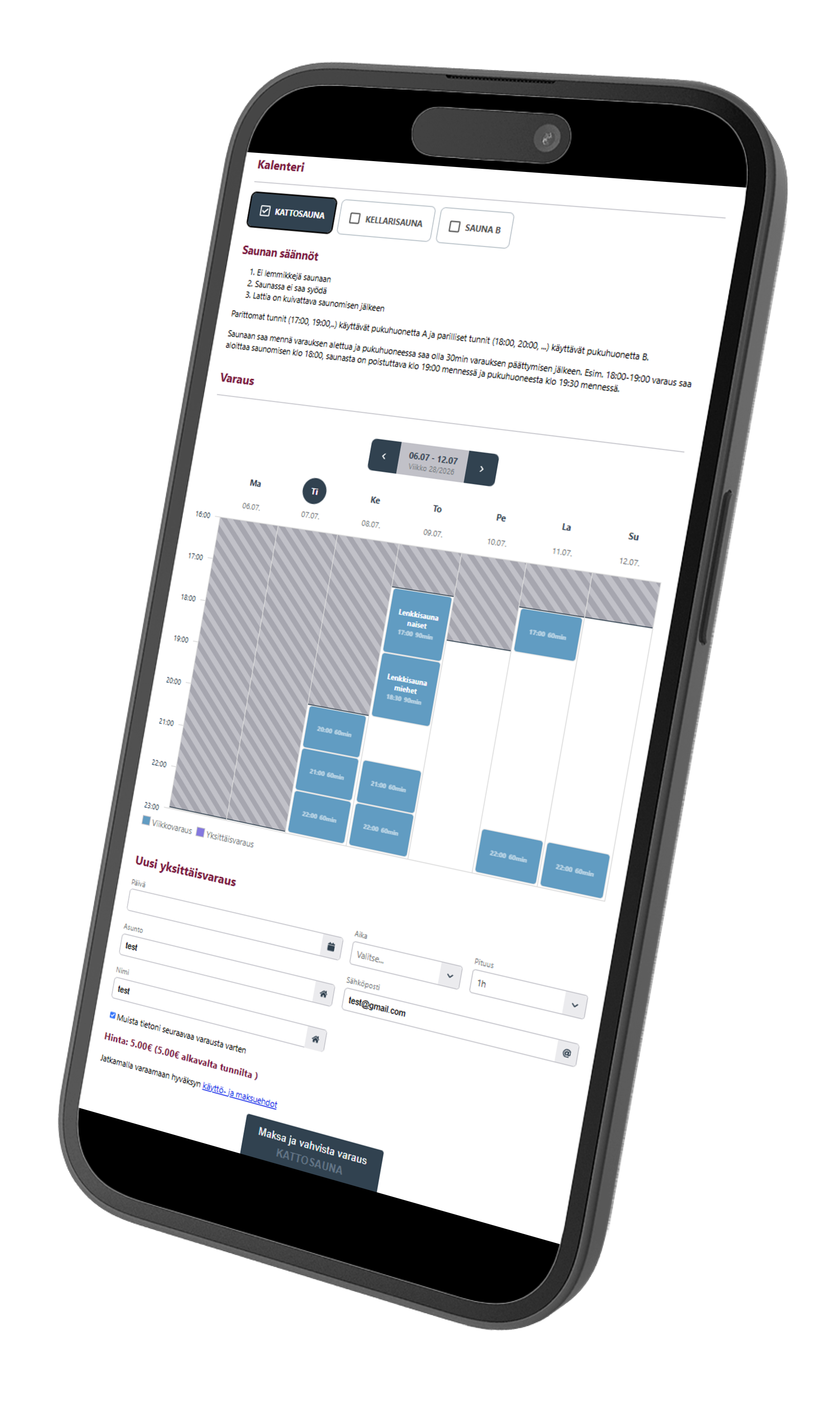 Asukkaan varausnäkymä puhelimella