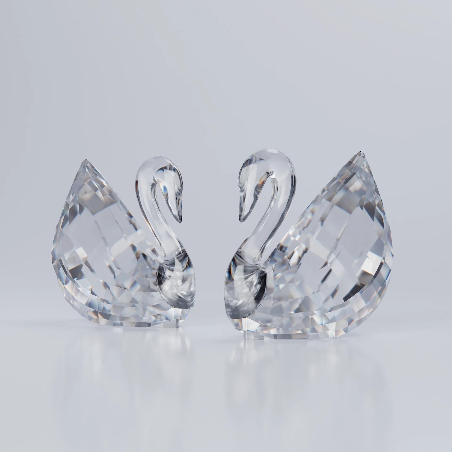 A 3D rendering of two swans made out glass, rendered on a white background.