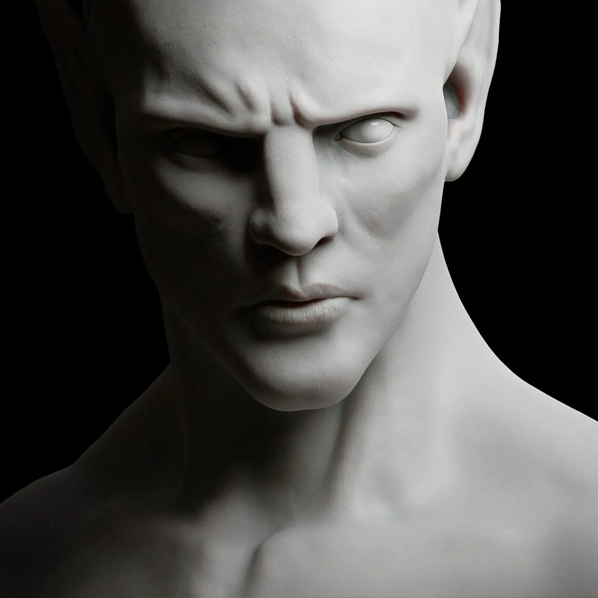 A black and white 3D rendering of a non-textured digital sculpture showing a human-like creature with two horns in a Rembrandt lighting.