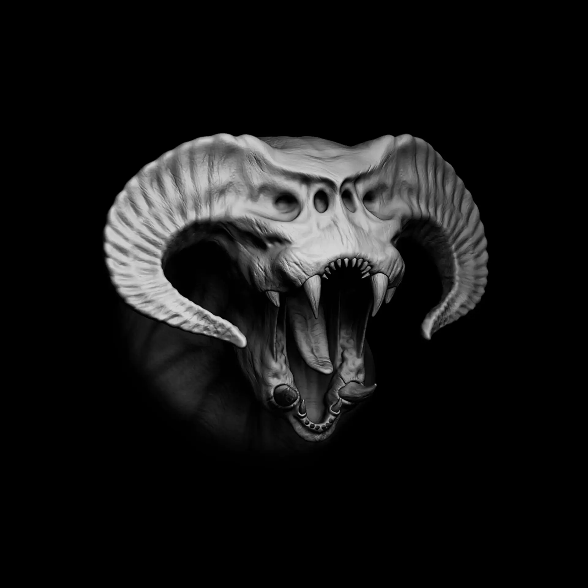 A black and white 3D rendering of the head of a Balrog, a demon creature from Lord of the Rings.